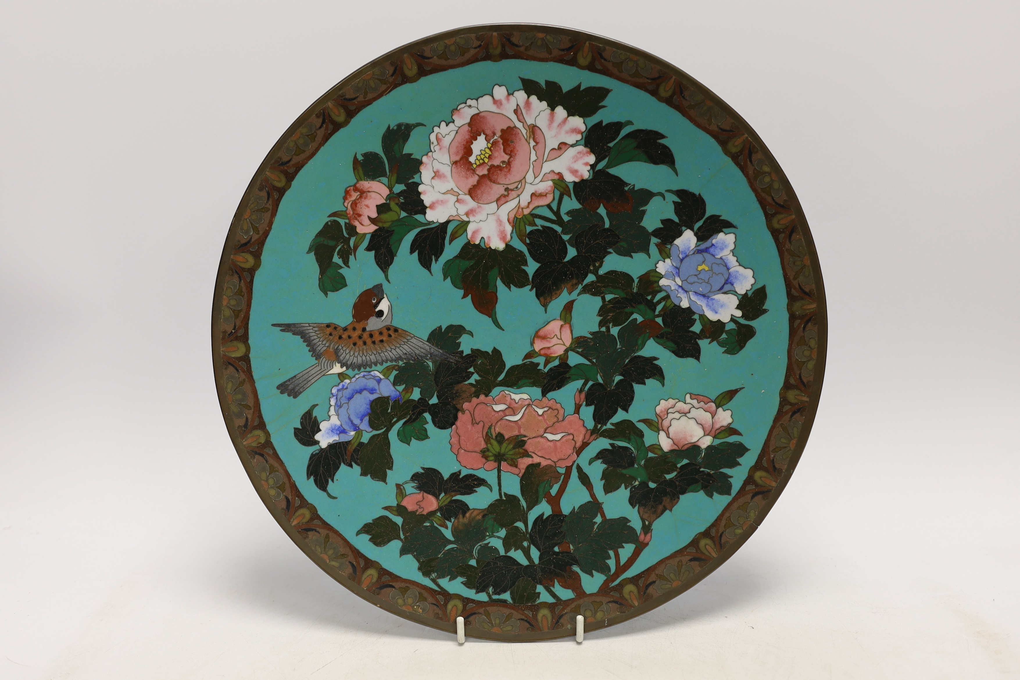 A Chinese cloisonné enamel kidney shaped box and cover, a pewter bottle and white metal ‘rabbit’ box and cover, and a Japanese cloisonné enamel dish, largest 30cm in diameter